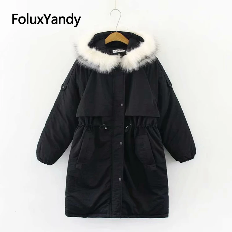 

2019 plus size Parkas 3XL solid faux fur collar hooded winter coat for woman warm black jacket single breasted pleated KKFY4004
