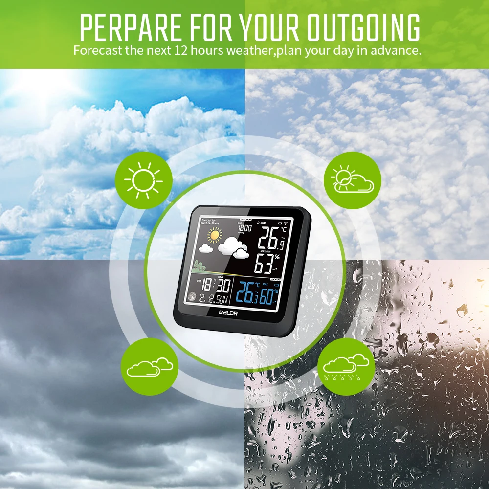  Baldr LCD Color Indoor Outdoor Weather Station + Remote Sensor Thermometer Snooze Clock Desk Alarm 