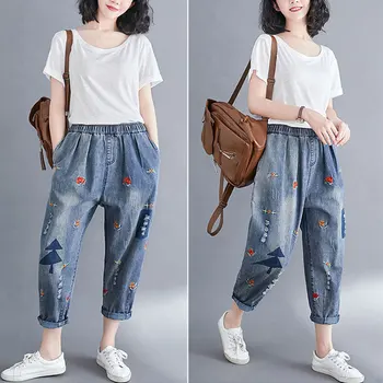 

Vogue Embroidery Hole Cross-Pants Jeans Women Elatic Waist Washed Old Pocket Plus Size 3XL Loose Casual Streetwear Denim Trouser