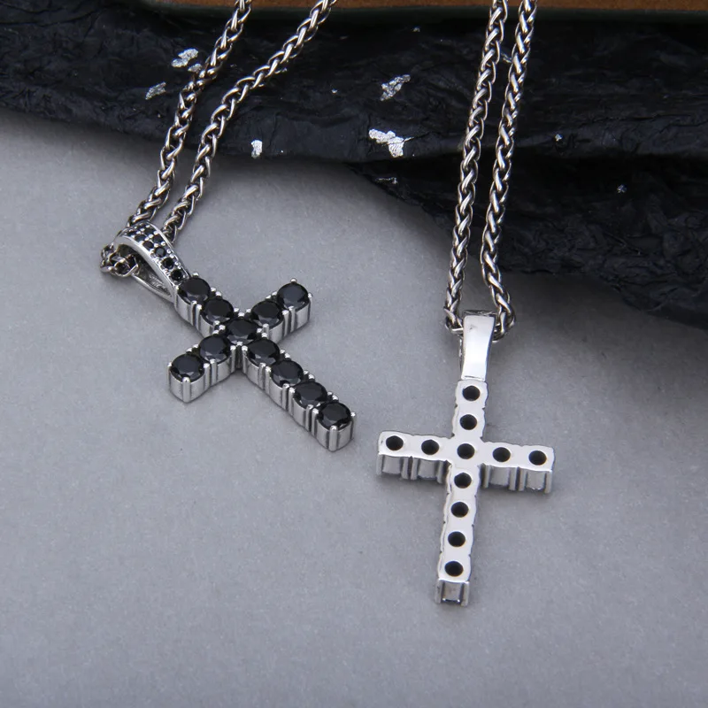 BOCAI New Real Pure Solid s925 Silver Diamond-set Zircon Black and White Cross Trendy Hip-hop Rock Man and Woman Pendant