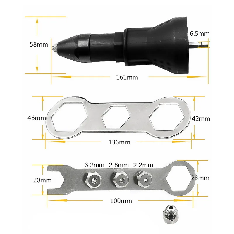 7Pcs/Set Electric Riveter Nut Gun Riveting Tool Cordless Riveting Drill Adaptor Insert Nut Tool with Wrench&Nuts 2.4- 4.8 mm