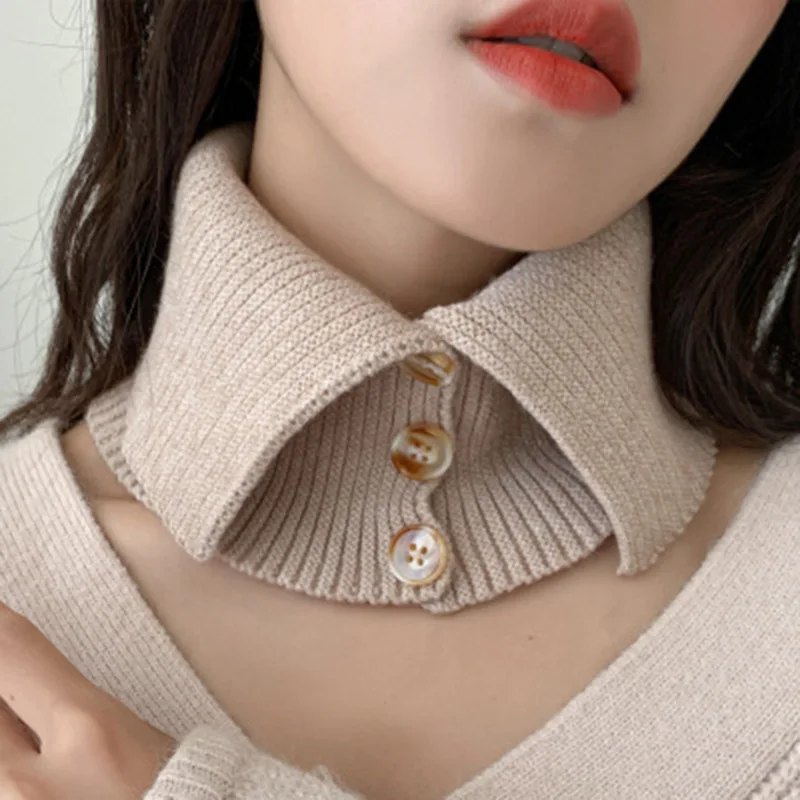 Fashion Wool Knit Windproof Warm Scarf Winter Thick Elastic Button Soft False Collar Neck Guard Scarves Women Bib Pullover O24