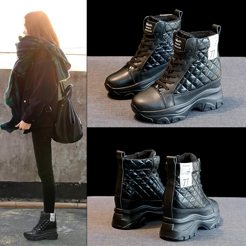 

Women's Leather Boots Fashion Womens Shoes 2019 Flat Heel Boots-women Round Toe Winter Footwear Lace Up Genuine Punk Med Mid-Cal