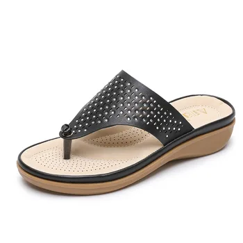 

2020 Plus size women's shoes bohemian flip-flops solid color flat slope with beach crystal breathable hollow female slippers