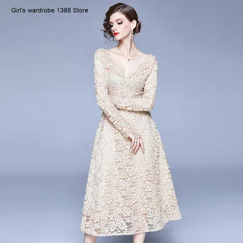 

Spring 2020 new quality sexy V-Neck long sleeve lace hollowed out A-line mid length dress