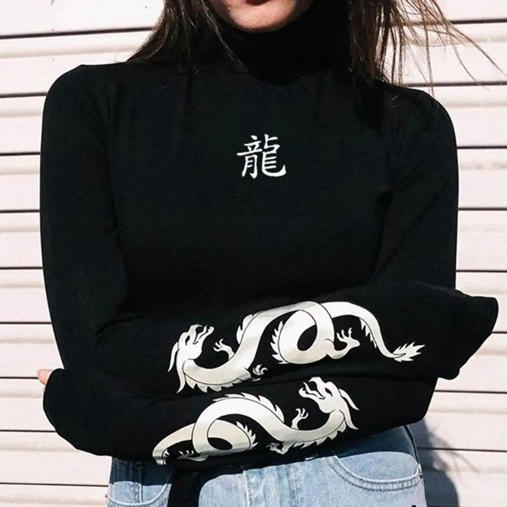 Женские футболки с принтом дракона, светоотражающие Модные водолазки с длинным рукавом, тонкие женские Топы Harajuku, Новое поступление, футболки#1015 - Цвет: Черный