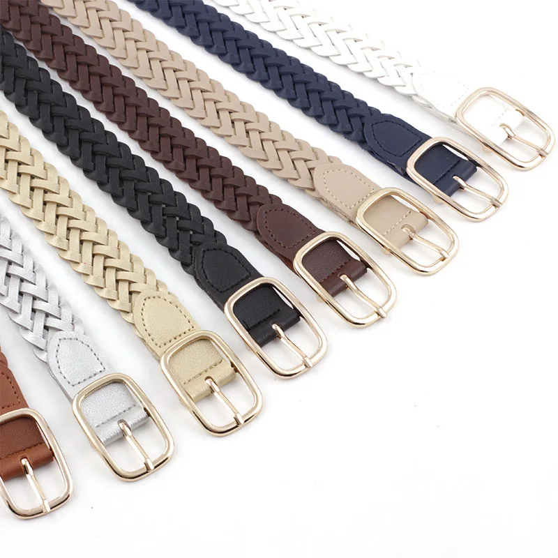 Women's PU Leather Braided Belt Golden Square Pin Buckle Belt New Fashion Causal Jeans Dress Waistband 2.3cm Thin Belt