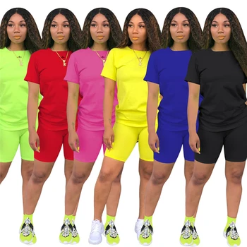 

Summer Sport Wear Womens Two Piece Sets Solid Color O Neck Short Sleeve Casual Tee Shirt and Shorts Suits Wholesale Dropshipping