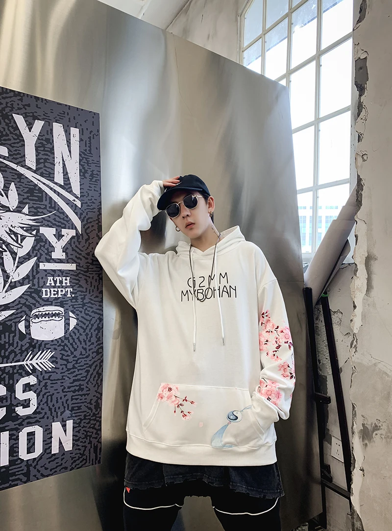 Dropshipping Chinese Style Flower Crane Printing Male Female Autumn Winter Hooded Sweatshirt Fashion Cotton Couple Hoodies