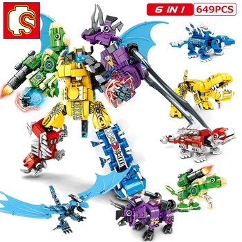 

SEMBO 6 in 1 Transformation Robot Building Blocks City Jurassic Worlds Pterosaur Technic Dinosaur Mech Bricks DIY Toys For Gift