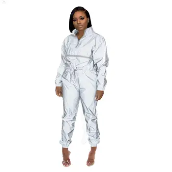 

Winter Outfits Women Set Tracksuit Turtleneck Full Sleeve Tops Pants Reflective Two Piece Set Suit Sporty Night Club Outfits
