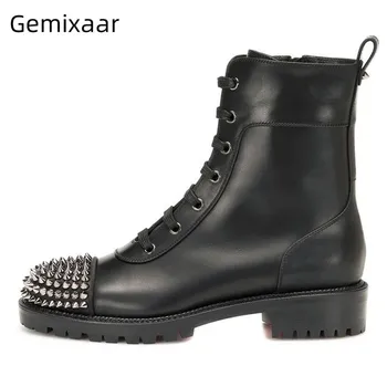 

Punk Motorcycle Boots Women Round Toe Decor Metal Rivets Cool Bottes Chunky Low Heel Cross Lace Up Shoes Autumn Hot Seller Boots