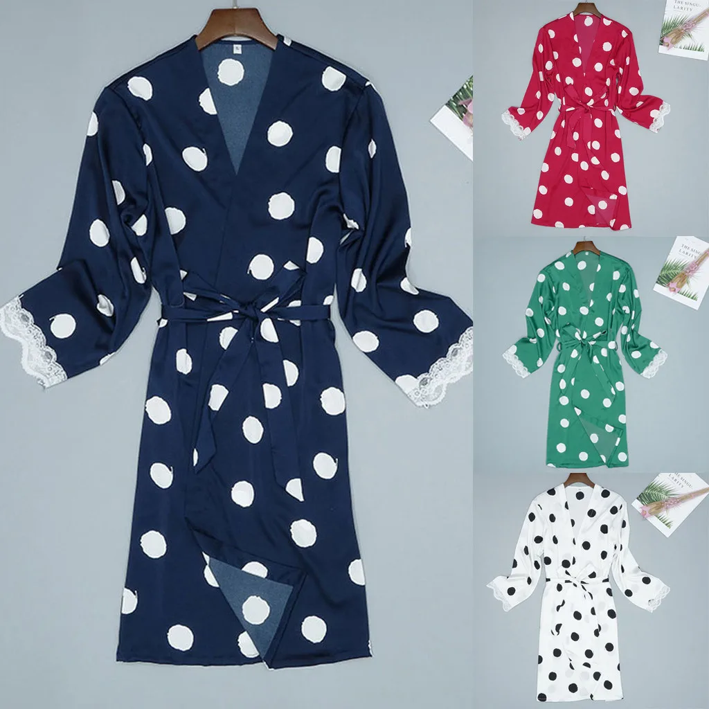 Сексуальное женское белье, Шелковый кружевной халат, длинный рукав, узор в горошек, Атласный халат, пижамы, пижамы, женские шелковые халаты, халат# W