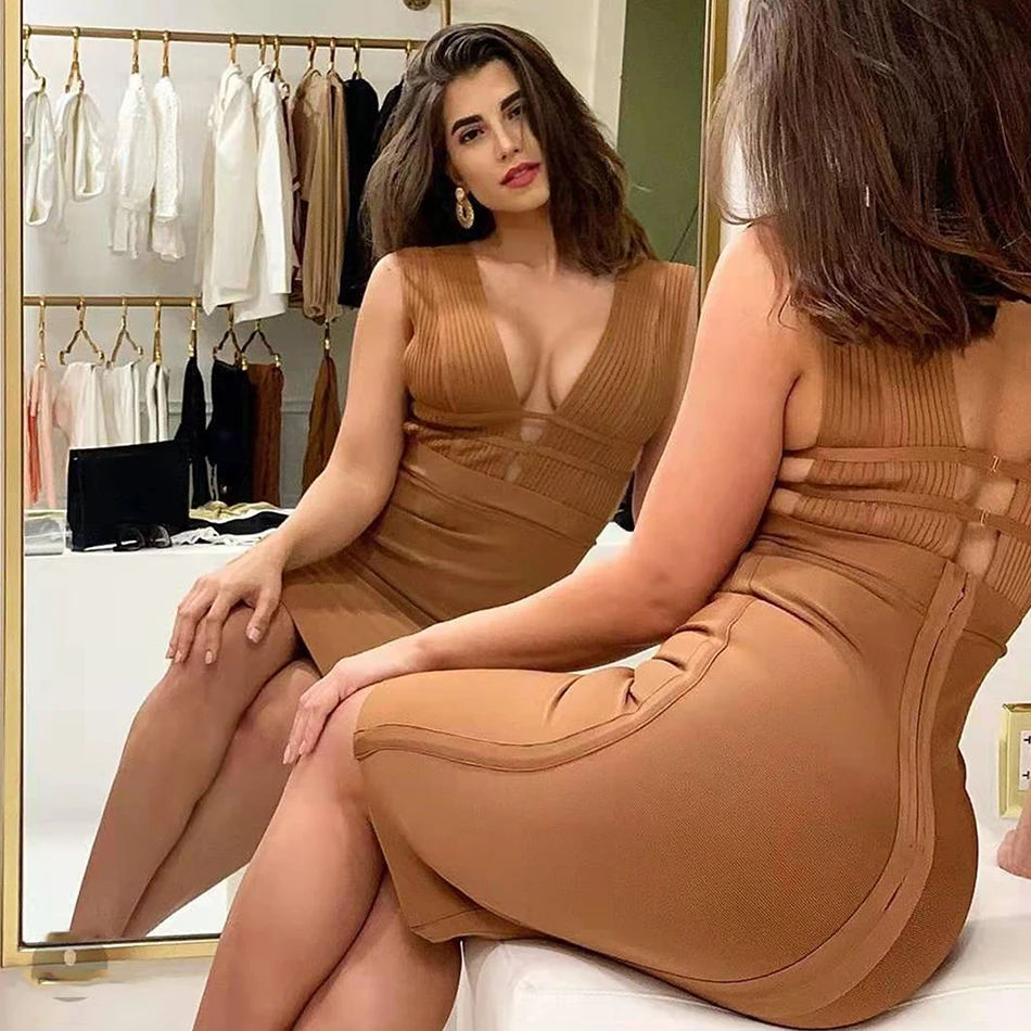 2019-Autumn-New-Women-S-V-Neck-Striped-Bandage-Dress-Sexy-Bodycon-Elegant-Celebrity-Party-Apricot