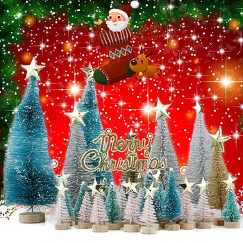 

57 Pcs Mini Multicolor Pine Trees Frosted Sisal Trees with Wood Base Plastic Winter Snow Ornaments Tabletop Trees Decoration