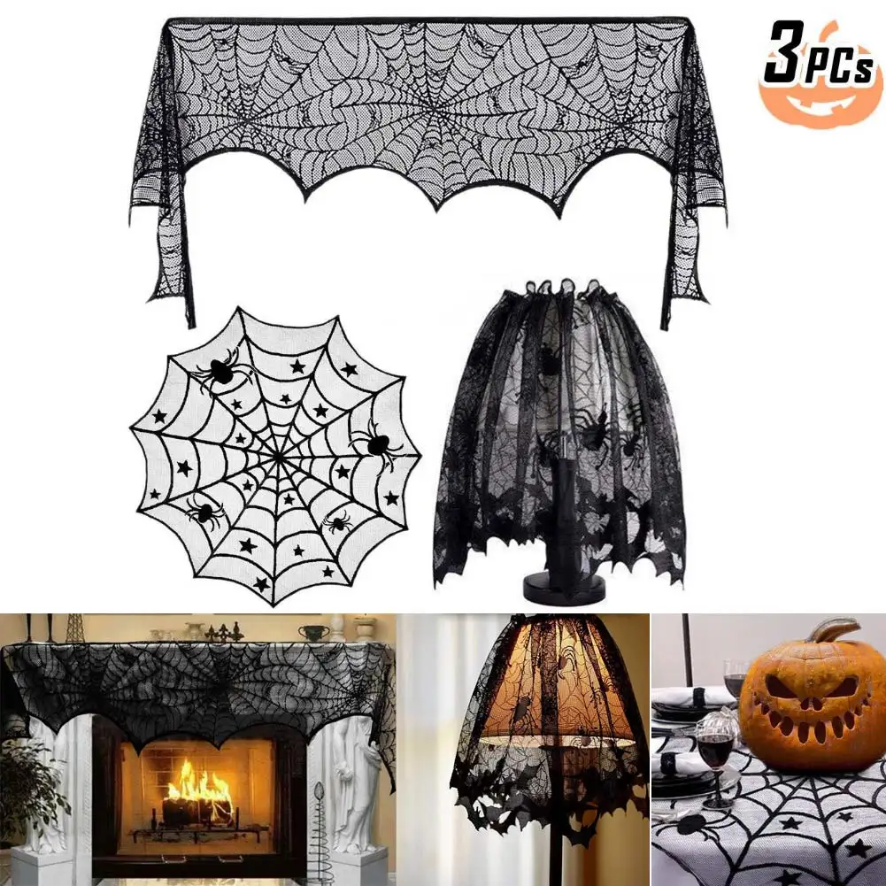 

3Pcs/Set Halloween Props Lamp Shade Table Runner Spider Web Lace Ribbon Decor Kit DNJ998
