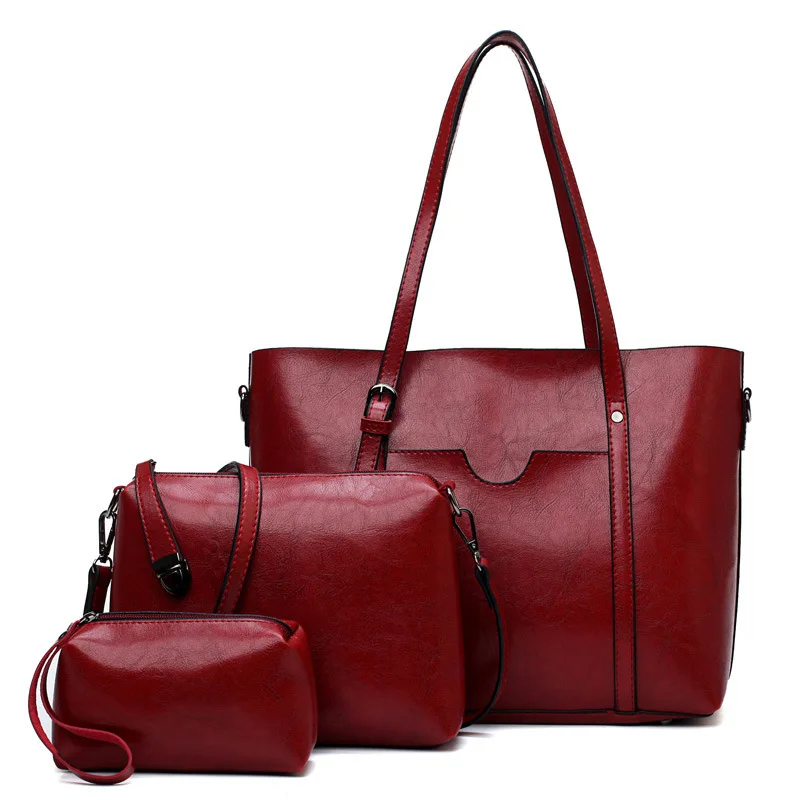 

2019 New Style Oil Wax Leather Versitile Fashion Hand Shoulder Large-Volume Picture Three-piece Set Women's