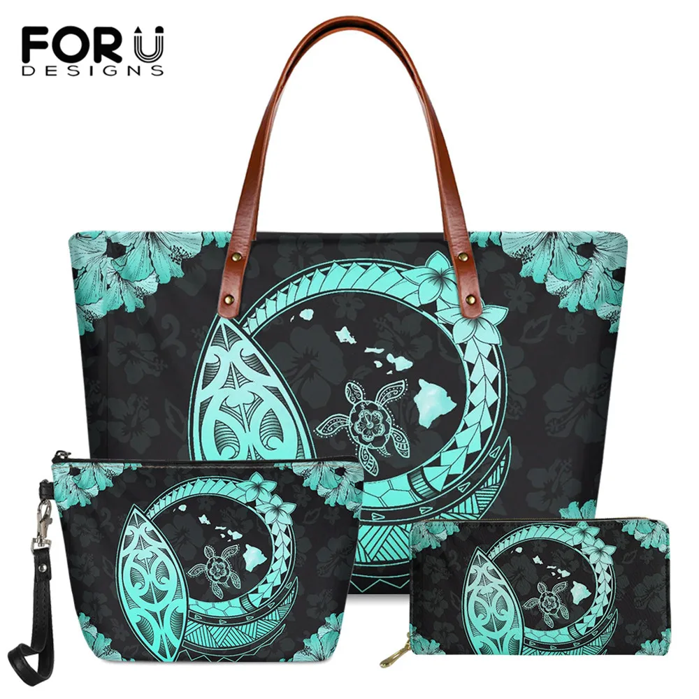 

FORUDESIGNS Luxury Women Tote Bags 3pcs Polynesian Plumeria Hibiscus Turtle Samoa Print Long PU Leather Wallet Large Handbag New