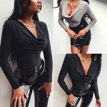 

Solid Casual long sleeve Women Bodysuit 2020 Autumn Slim Fit Leotard Jumpsuit Bodycon Female Sexy V-Neck Warm clothes Bodysuits