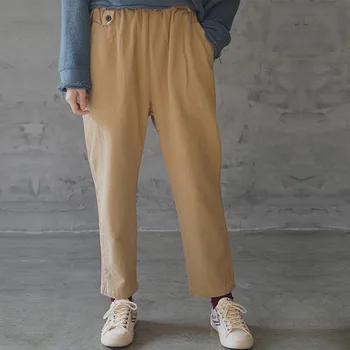 

SCUWLINEN 2020 Trousers for Women Solid Casual Elastic Waist Long Straight Cotton Pants P204