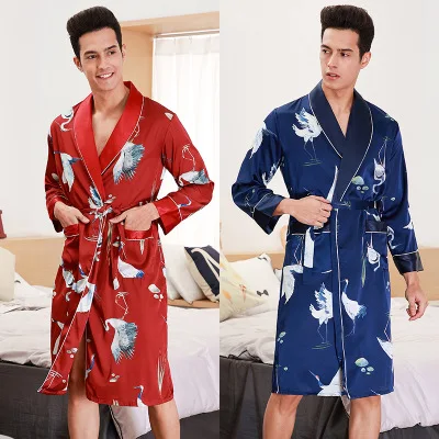 

Hot sale high-end men long-sleeved nightgown / spring and summer wine red bathrobe silk men pajamas /Men Sleepwear