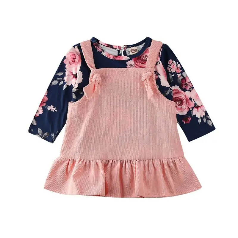 

2Pcs Toddler Infant Baby Girls Dress Long Sleeve Print Tops T Shirt Strap Skirt Outfits Set New Summer Dress for Girls