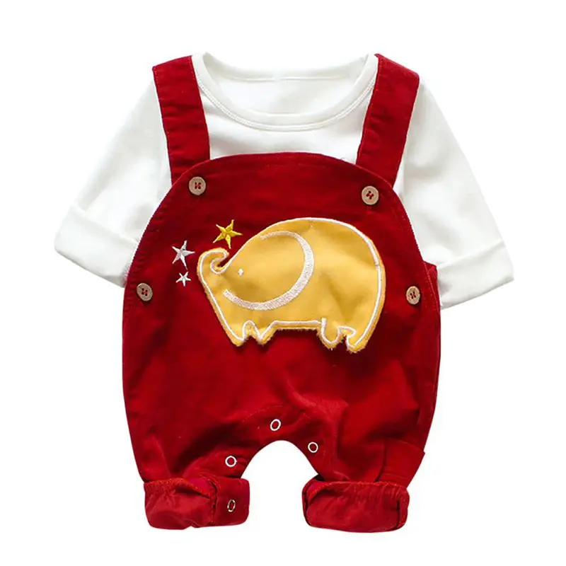 

Fashion Cartoon Elephant Print Baby Boy Sets White Top Red Romper Two-piece Baby Boy Girl Set 0-12M Newborn Baby Clothes #p