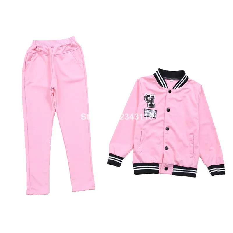 

2019Girls Spring and Autumn Sports Letter P Standard Set Children's Big Girls Baseball Wear New Coat+pant Red Pink 3-12 Ages