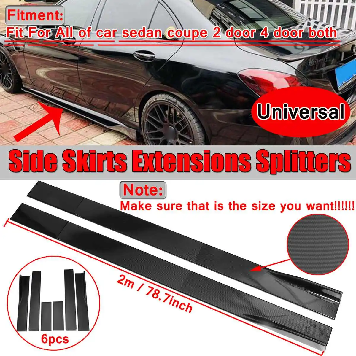 6pcs 2m/2.2m Universal Car Side Skirts Winglet Extensions Splitters