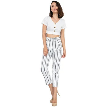 

fashionable streetwear plus size trousers women mid waist white striped calf length pants female cotton stright girl