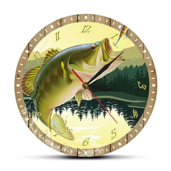 

Fish Printed Battery Operated Round Wall Watch Silent Non-Ticking Zegar Scienny Angling Fisherman Clock Quiet Sweep Clock