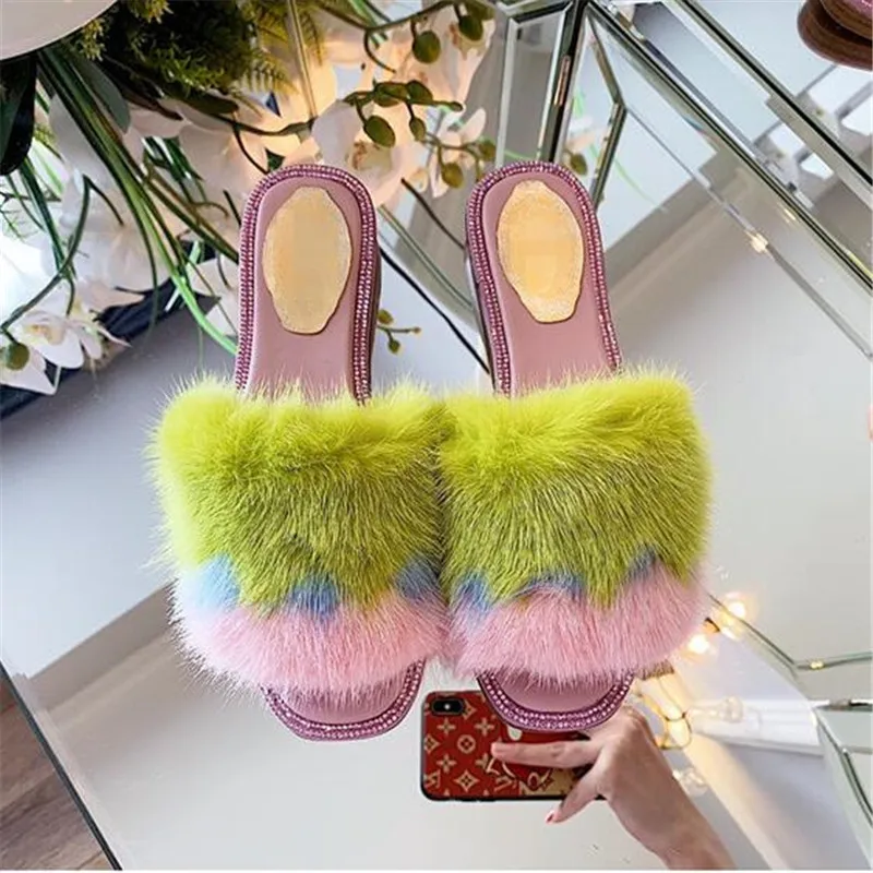 

Fur Flats Women Mixed Colored Mink Hairs Slippers 2019 Winter Shoes Woman Lazy Casual Mules Shoes Luxury Brand zapatos de mujer
