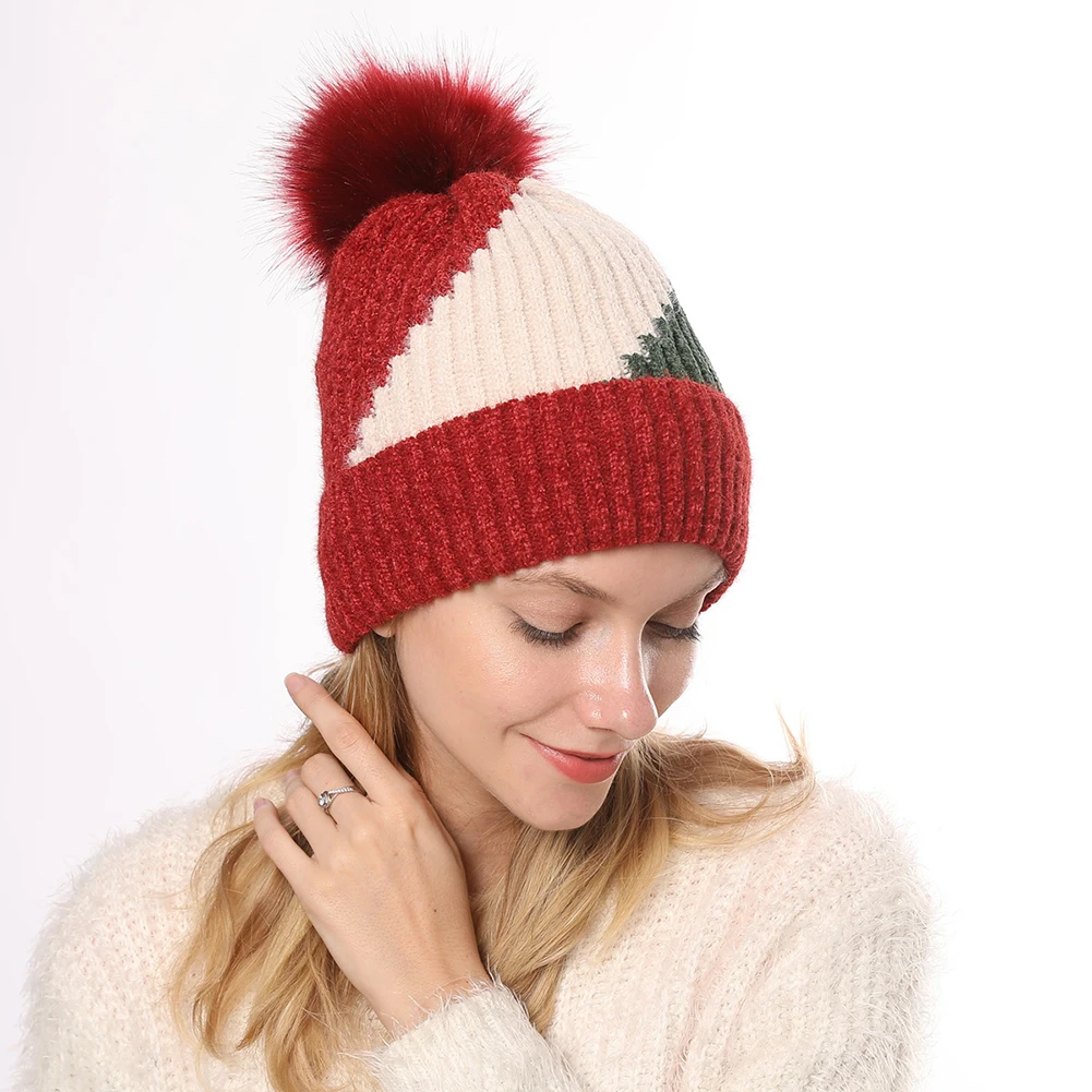 Рождественская цветная женская теплая мягкая зимняя вязаная шапка с помпоном, шапка с манжетой, украшение для праздника