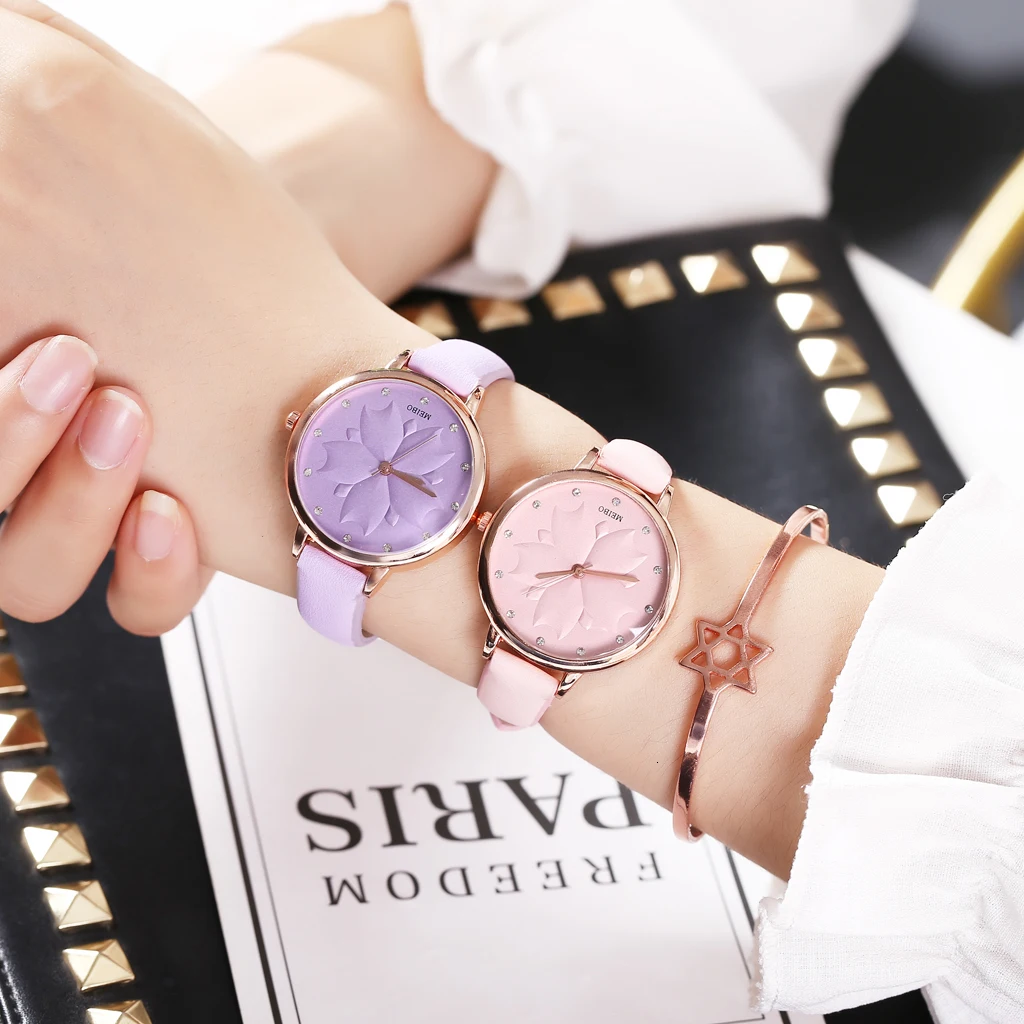 MEIBO женские кожаные часы с цветком роскошные женские кварцевые аналоговые часы