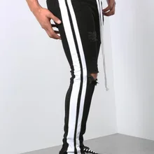 Новинка года, уличная одежда в стиле хип-хоп, мужские джинсы с боковой молнией, рваные Модные мужские рваные обтягивающие джинсовые штаны в полоску