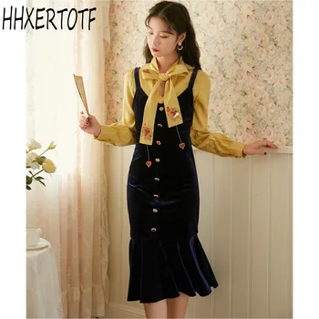 

spring autumn fashion women's Retro suit long-sleeved shirt +velvet strap dress two-piece suit elegant dress