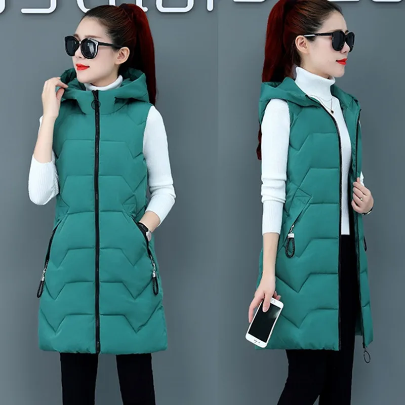 UHYTGF down jacket autumn winter vest womens hooded casual plus size vests jacket Pure color wild warm Parker vest waistcoat 339 - Цвет: Dark green