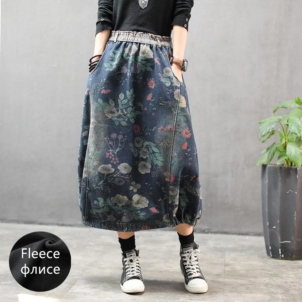 Autumn Winter Women Denim Skirt Long Loose Elastic Waist Print Floral Retro Vintage Fleece denim skirt