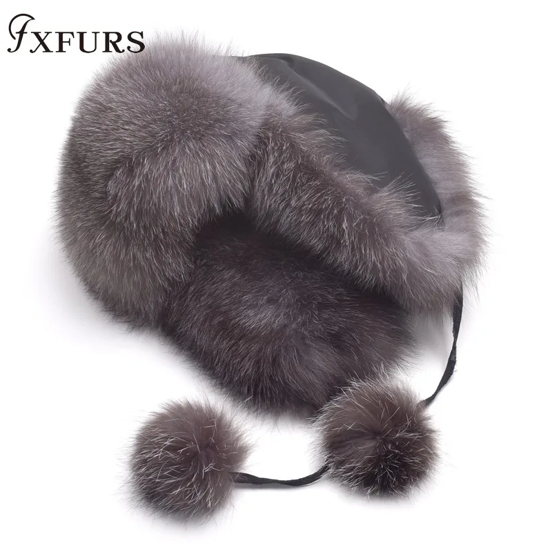Новая меховая шапка женская натуральная из енота, лисы меховая русская ушанка шапки зимние толстые теплые уши модная шапка-ушанка енот зимние шапки - Цвет: silver fox fur