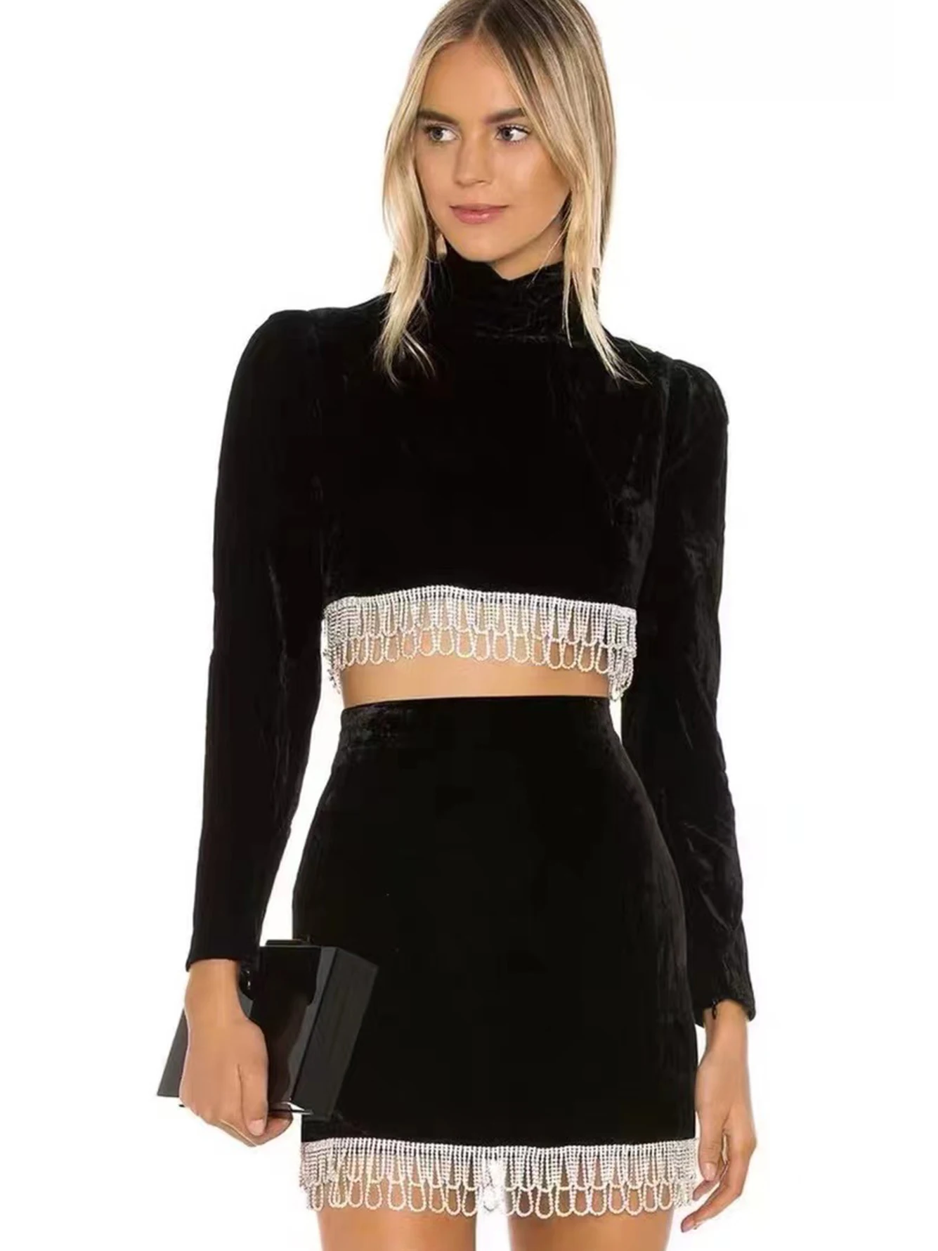 Adyce Black Velvet 2 Two Pieces Sets Clothes For Women Sexy Tassel Tops &amp Mini Skirt 2022 New Winter Long Sleeve Club Party |