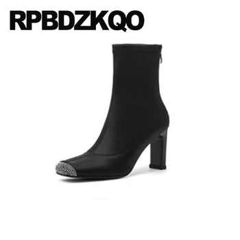 

Black New Diamond Satin Chunky Designer Shoes Women Luxury 2019 Boots Ankle Sexy Rhinestone Wedding Green Square Toe High Heel