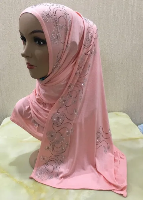 Хиджаб из хлопка, мусульманские женские шали, исламские, готовые к износу, женские шарфы из горного хрусталя, арабский хиджаб, шарф Shayla, шарфы - Цвет: Pink