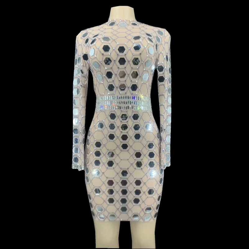 Shining Mirrors Transparent Short Dress long Sleeve Women Birthday