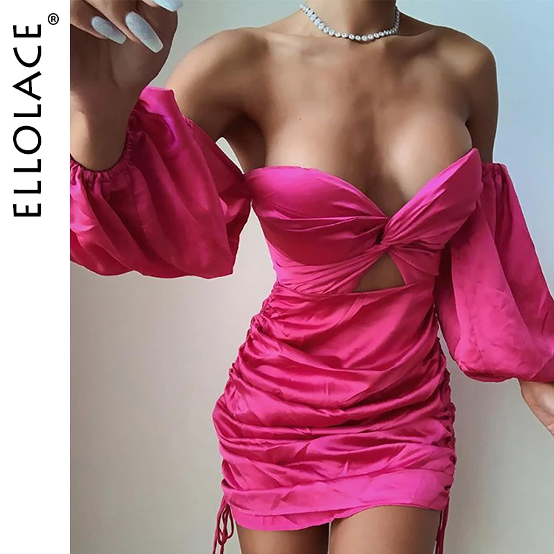 

Ellolace Off Shoulder Silk Mini Dress Women Long Sleeve Sexy Elegant Party Club Clothing Slim Backless Solid New Vestidos Dress