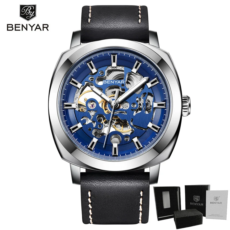 BENYAR Automatic Mechanical Watches for Men Skeleton Black Leather Watch  Waterproof Business Men's Wrist Watches