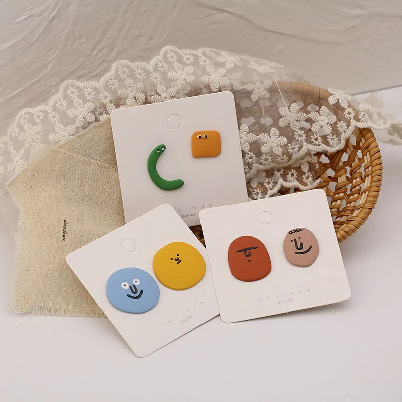 

2020 S925 Needle Asymmetric Geometric Cute Painted Colorful Expression Cartoon Face Matte Enamel Stud Earrings for Women Girl