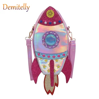 

New Laser Rocket Shape Ladies Handbag Fashion Cartoon Shoulder Bag Color Girl Tote Bag Clutch PU Leather Women's Messenger Bag