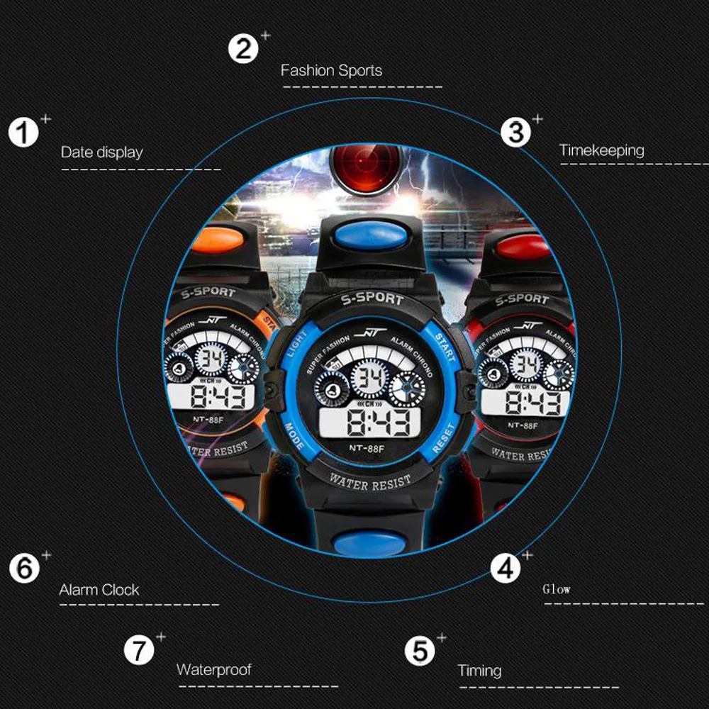Водонепроницаемые мужские цифровые светодиодный спортивные наручные часы с будильником и датой, силиконовые наручные часы ярких цветов для детей Q