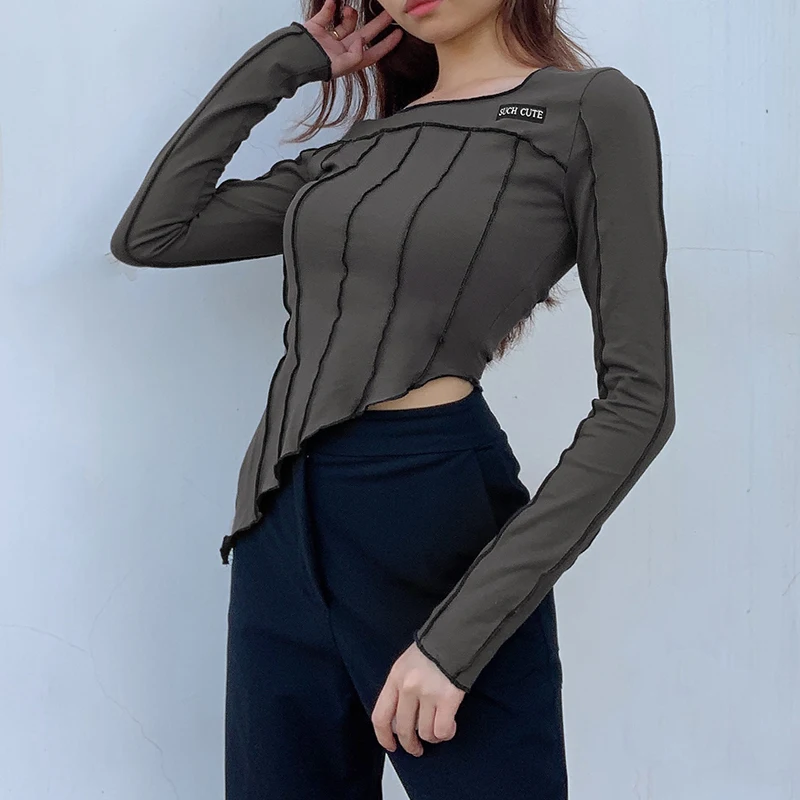 Reverse Stripe Irregular Women's T-shirts Harajuku Vintage Cotton Long Sleeve Soft Crewneck Cute Crop Top Tees Korean Iamhotty