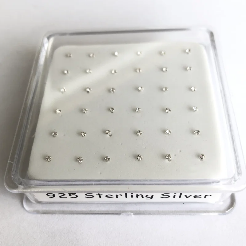 1.5mm clear crystal 925 sterling silver nose stud straight fashion women pircing delicate nose piercing jewelry 36pcs/pack